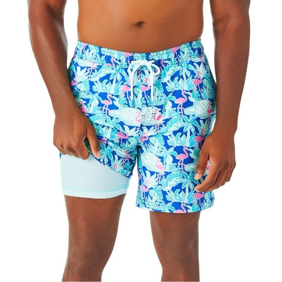 Blue Flamingo Print Men's Swim Trunks - Picture 1 of 7